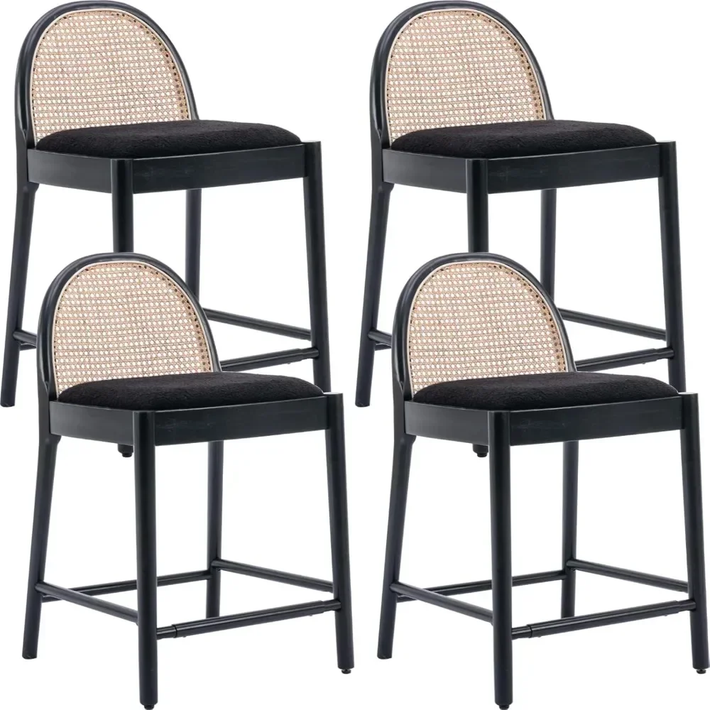 Mid-Century Bar Stools Set of 4, 26 Inch Rattan Back Sherpa Counter Height Barstools Comfy Upholstered Bar Chairs