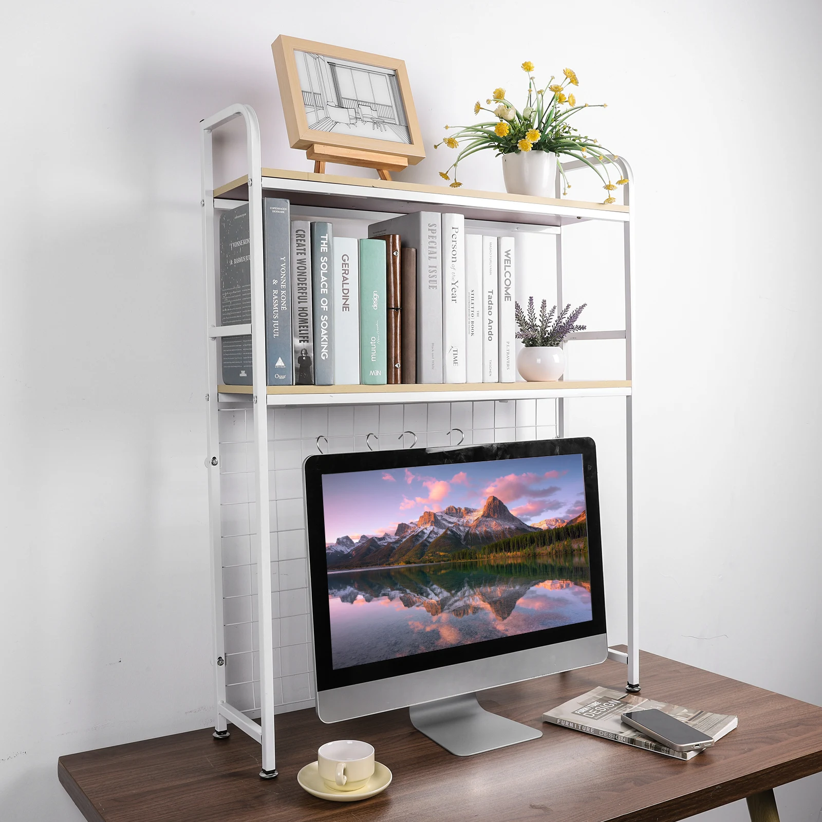 2 Tier Wooden Bookcase Organizer with Grid Panel Countertop Storage Rack Multipurpose Desktop Decorative Rack for Computer Desk