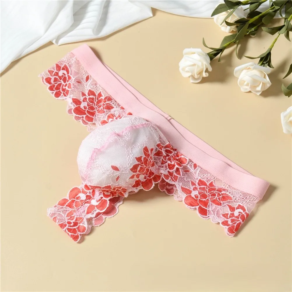 Men\\\'s Floral Lace See Through Underwear Thong Style with Bulge Pouch Support for M L Sizes Breathable Fabric Blend