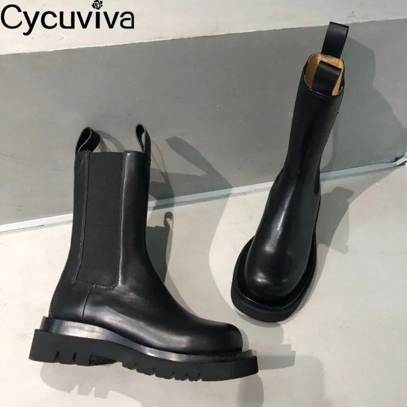 Mid-calf Chelsea Boots Women Shoes Genuine Leather Black Platform Shoes Female Bottnes Casual Motorcycle Boots For Women