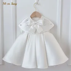 Baby Girl Princess Pearl Silk Dress Cloak Infant Toddler Vintage Bow Vestido Party Birthday Baptism Frocks Baby Clothes 1-7Y