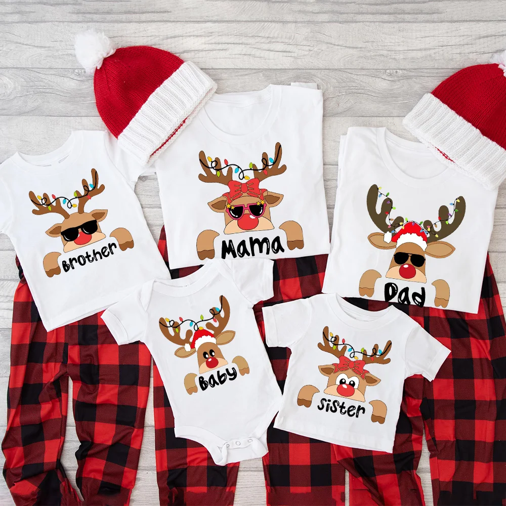 Deer Printed Christmas Family Togrther Shirts Festive Mom Dad Kids T-shirt Baby Badysuit XmasHoliday Family Matching Outfits