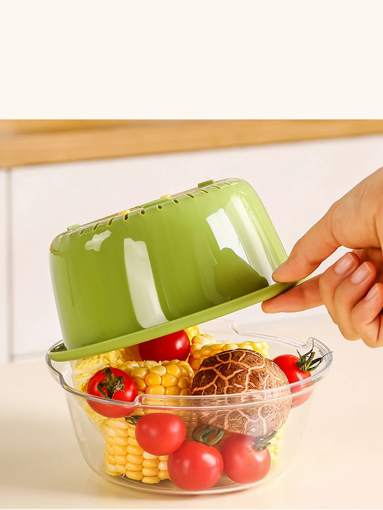 3 in 1 Multifunctional Kitchen Double Layer Drain Basket With Silicone Brush Fruit Tray Removable Vegetable Draining Basket