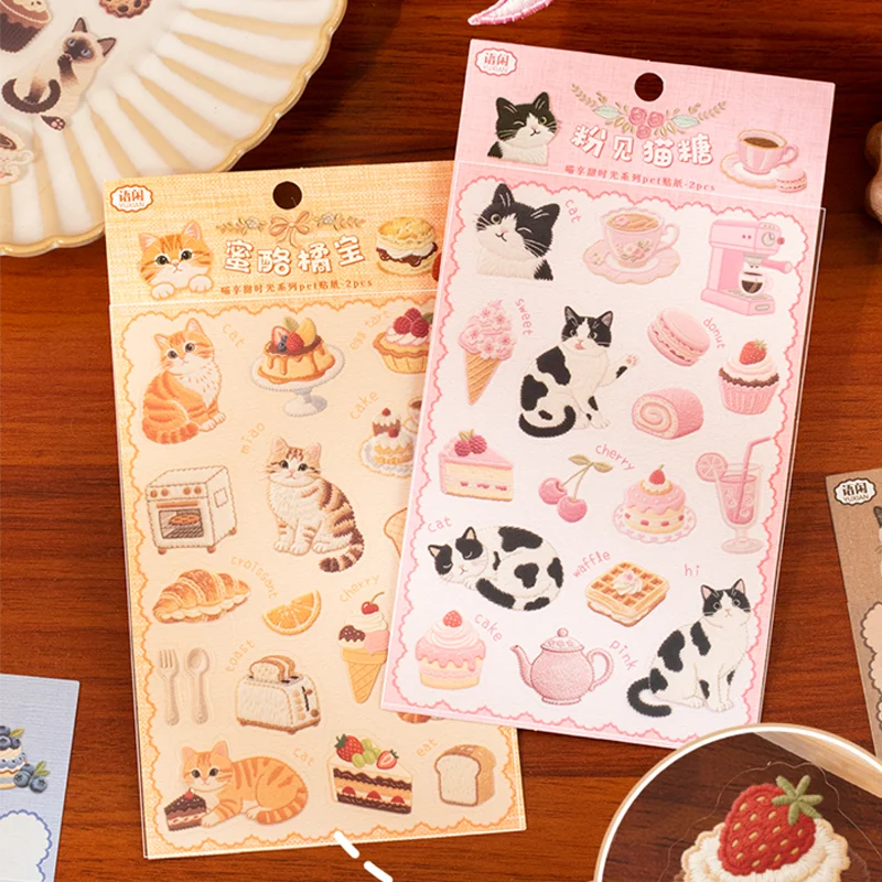 4 عبوات من ملصقات Meow Enjoy Sweet Time PET، ملصقات زخرفية مخططة لطيفة على شكل رسوم متحركة، ألبوم يوميات، مجموعة مواد مجمعة لخلفية المذكرات #1