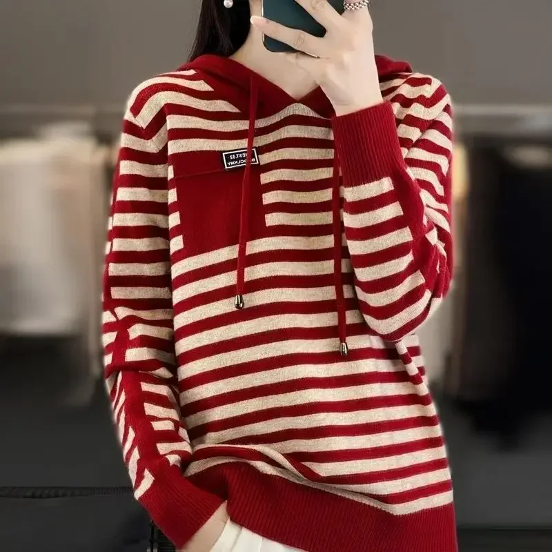 

Hooded Sweater Popular Bottoming Striped Pullover Loose Western Style Jacket Age-reducing Fashionable Sweater
