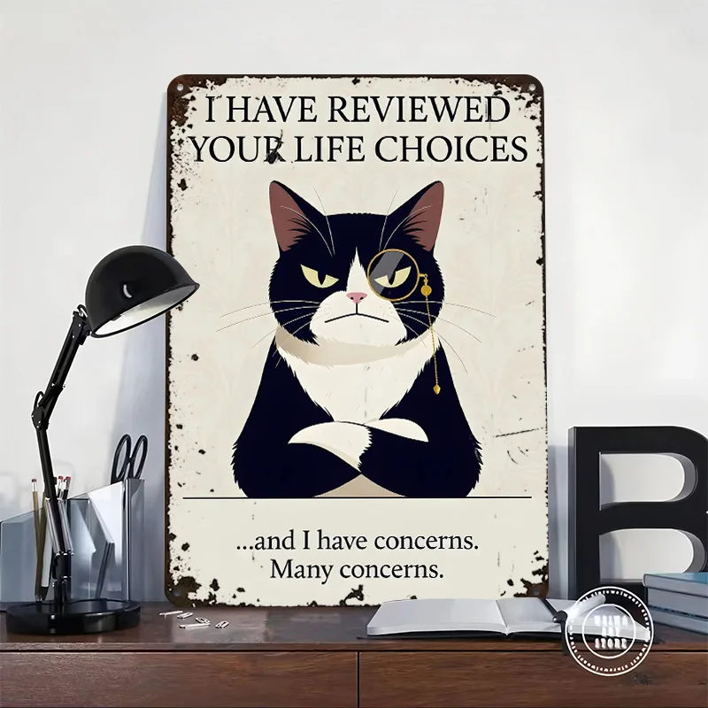 Cat Judging Life Choices Printed Poster Customized Retro Wall Art Vintage Metal Tin Signs for Coffee Bar Accessories Decor Room