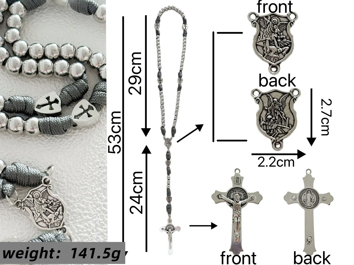 1Set Paracord Rosary with St. Benedict Crucifix Michael Medal Metal Beads - Catholic Prayer Rope Necklace Religious Gift