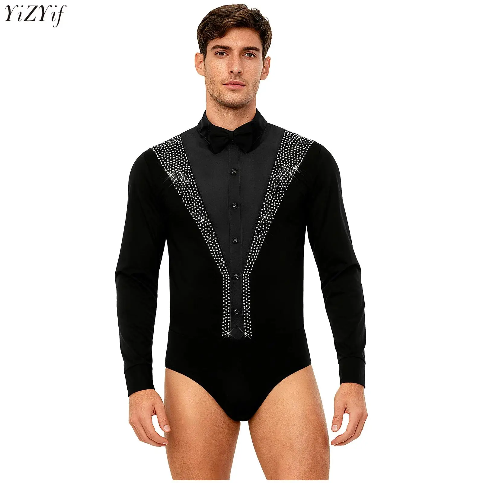 

Men's Figure Ice Skating Dance Bodysuit Shiny Rhinestone Long Sleeve Button Crotch Leotard Jumpsuit Latin Tango Dance Costume