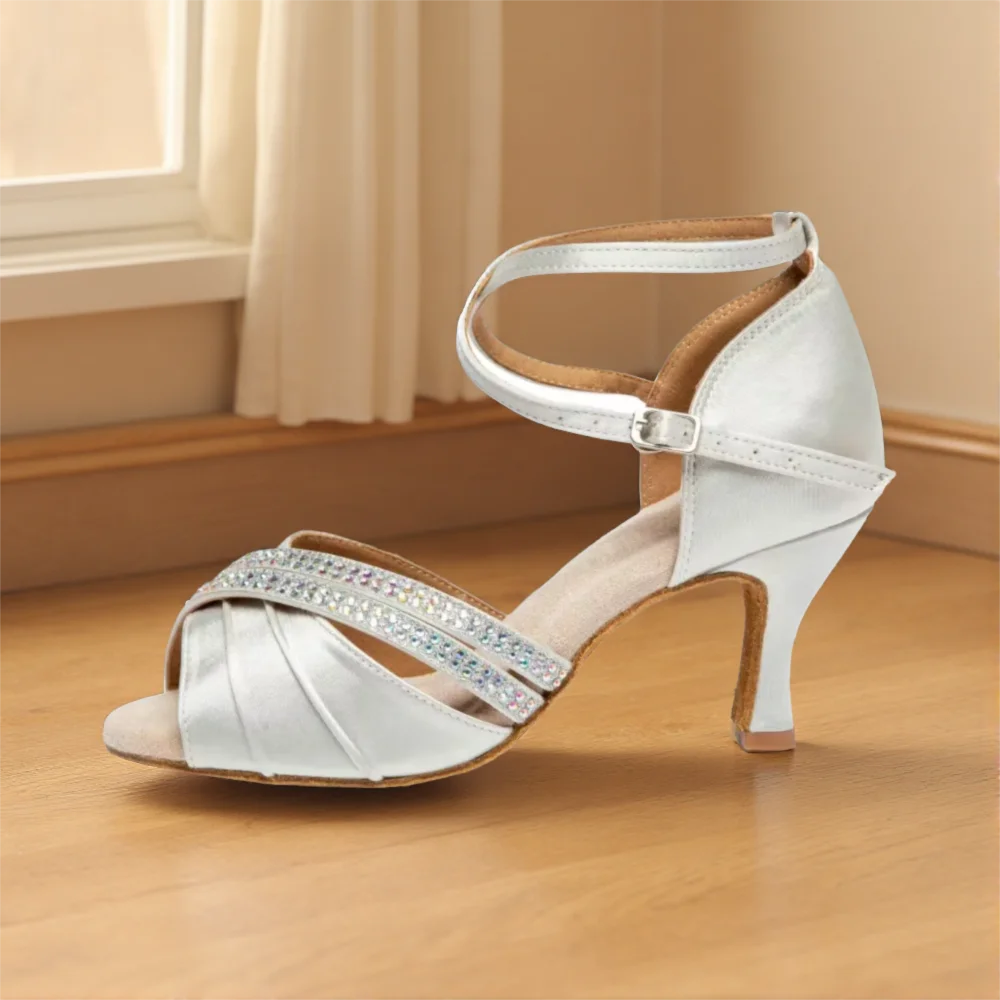 Women's Rhinestone Satin Latin Dance Shoes Ankle Strap 7cm Peep Toe Soft Suede Sole Salsa Tango Wedding Ballroom Dance Sandals