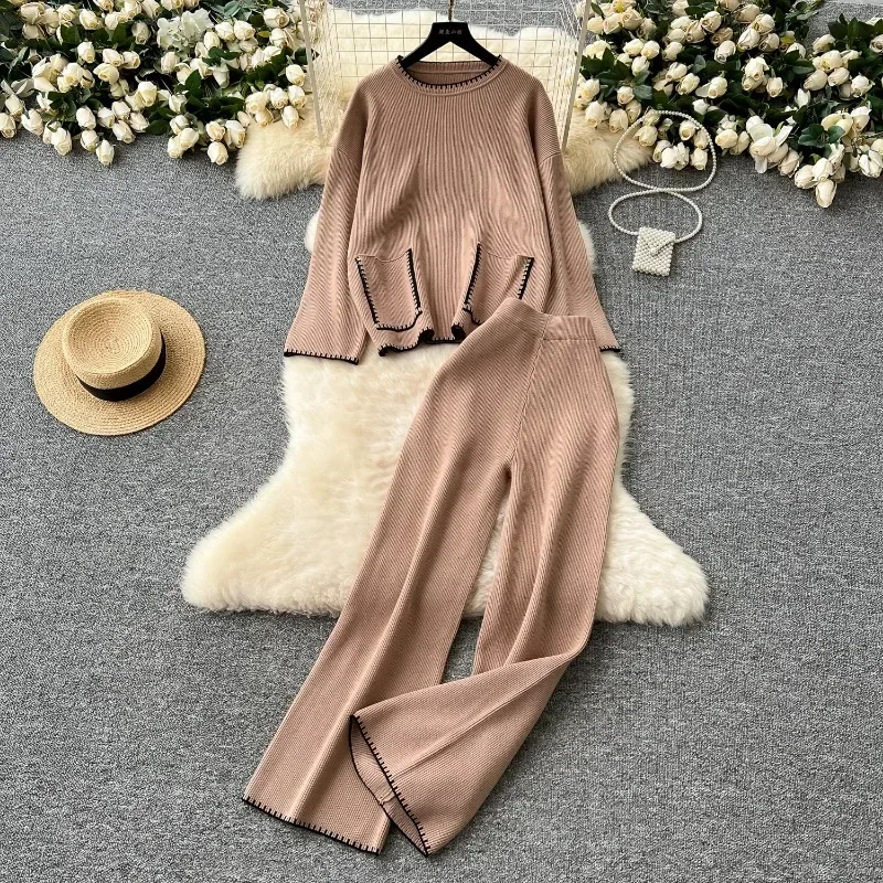 Lazy Pants Suit Women Autumn Winter Loose Contrast Color Pocket Knit Sweater High Waist Casual Wide Leg Pants Women 2-piece sets