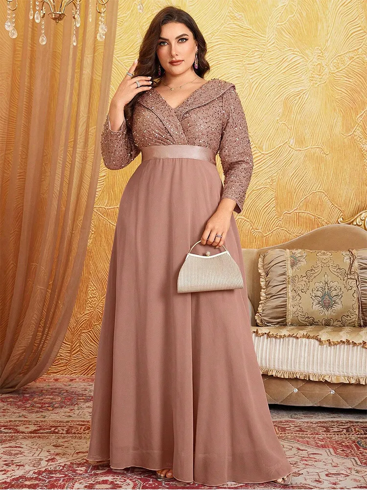 Plus Size V Neck Sequined Long Sleeve Luxurious Chiffon Evening Gown 2024 Big Size Apricot Sequin Banquet Evening Gown Women