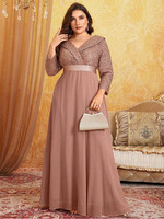 Plus Size V Neck Sequined Long Sleeve Luxurious Chiffon Evening Gown 2024 Big Size Apricot Sequin Banquet Evening Gown Women