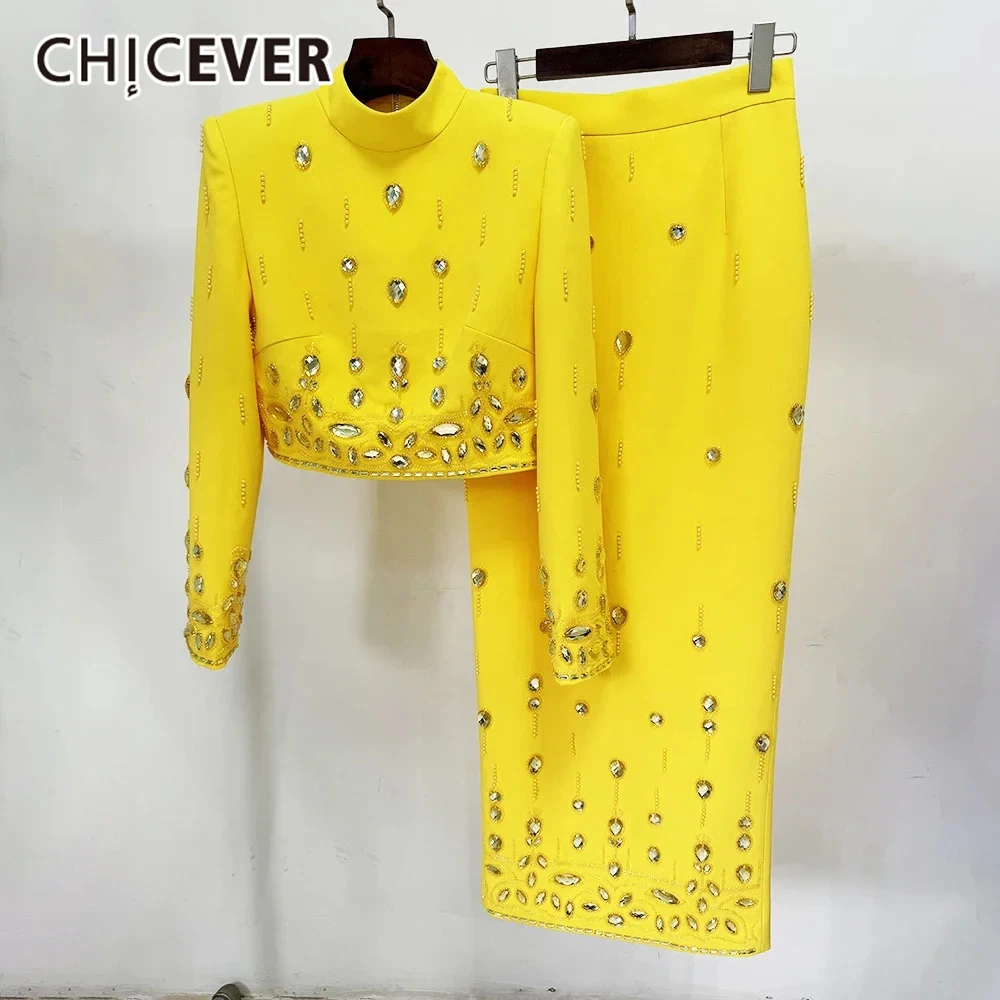 

CHICEVER Two Piece Sets For Women Stand Collar Long Sleeves Spliced Diamonds Top High Wiast Slimming Skirts Elegant Suit Female