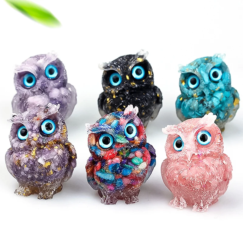 Natural Stone Carved Owl Statue Cartoon Crystal Gravel Owl Figurine Ornaments Mini Animal Micro Landscape Crafts Home Decoration