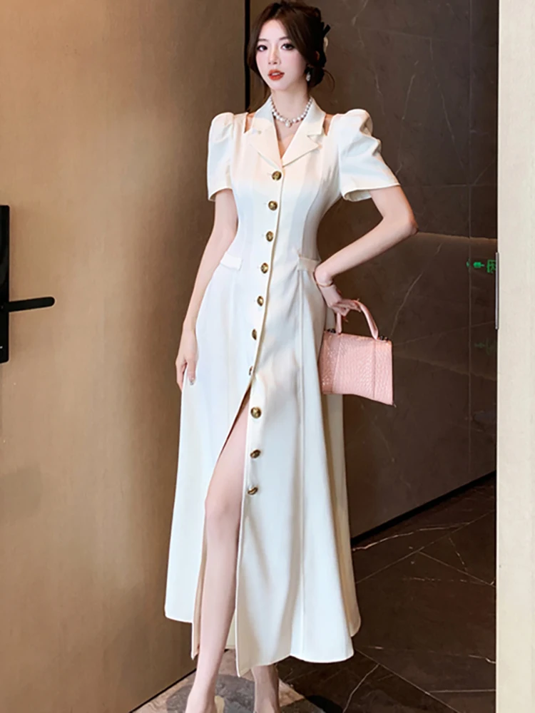 2024 Black Single Breasted Elegant Suit Maxi Dress Summer Short Sleeve Chic Off Shouler Dress Women Korean Vintage Hepburn Dress