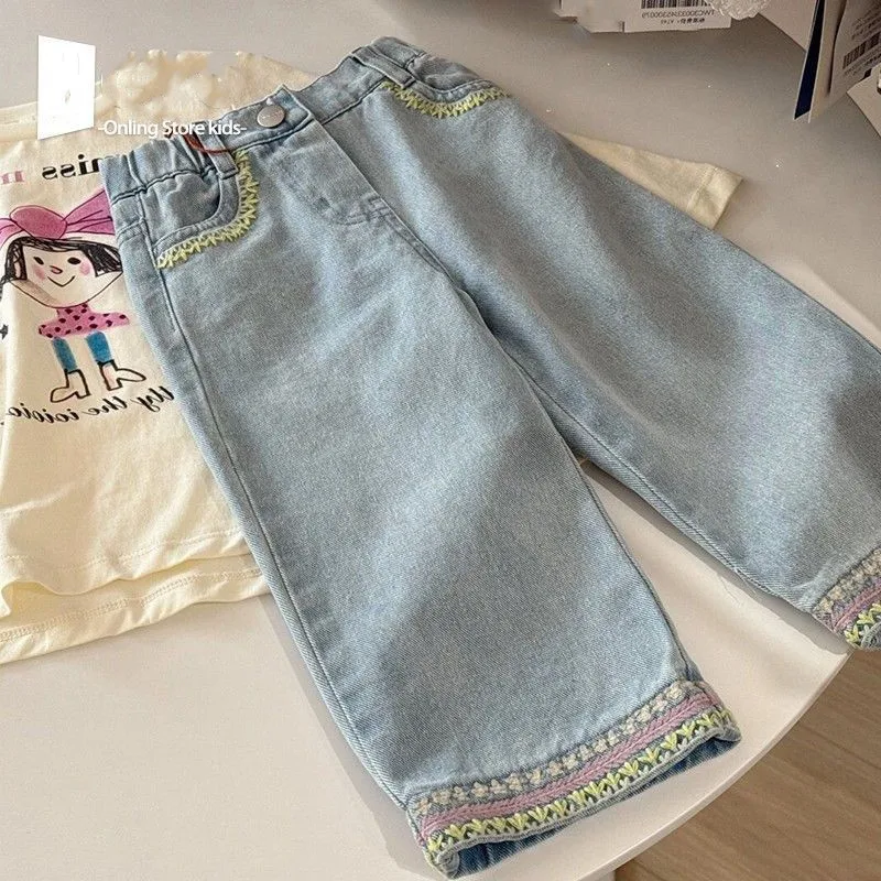 

Girls' pants Spring and Autumn Western style children's small fragrance lace loose wide leg pants light blue jeans