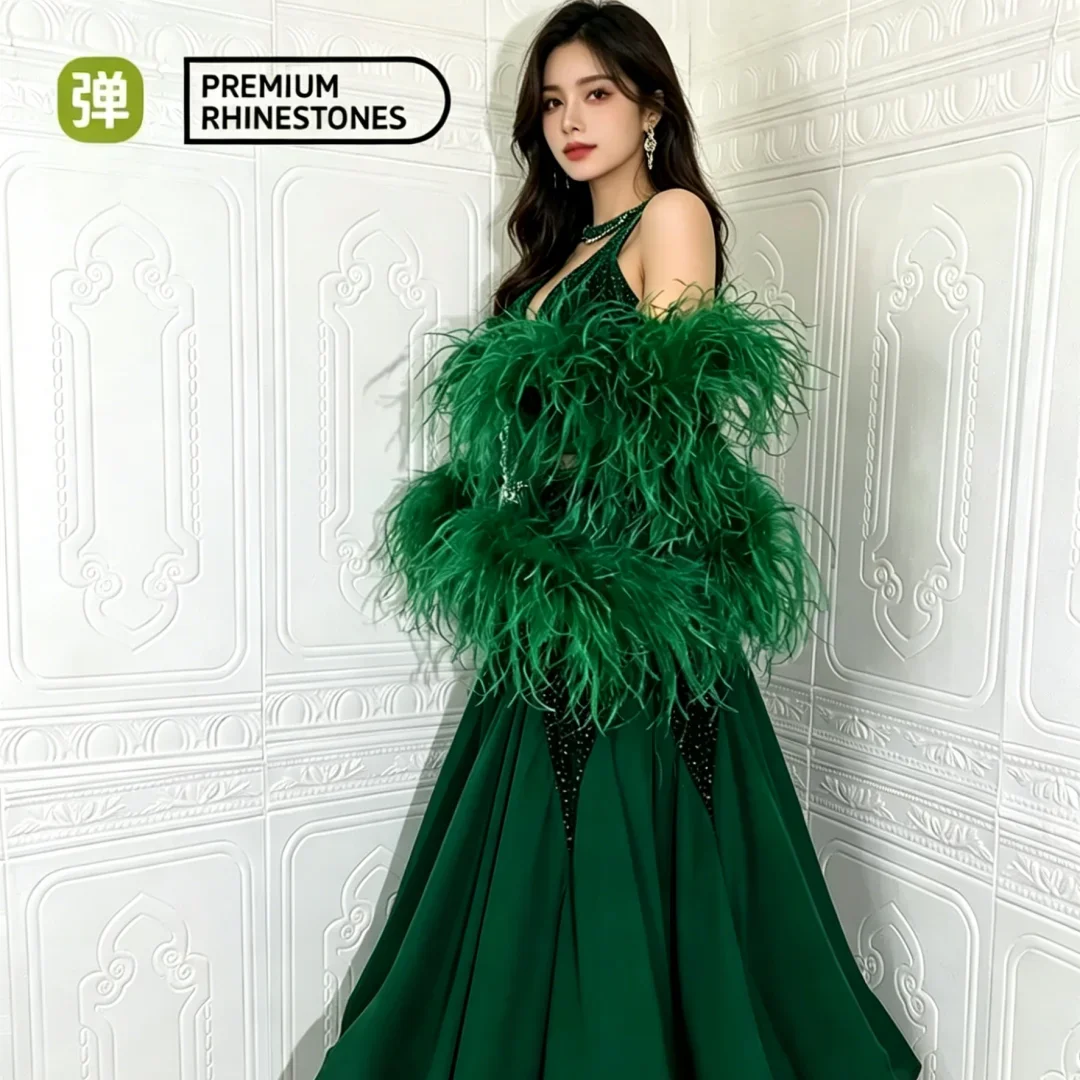 New Luxury Green Ostrich Feather Ballroom Dance Dress, Rhinestone Standard Competition Costume for Women Performances
