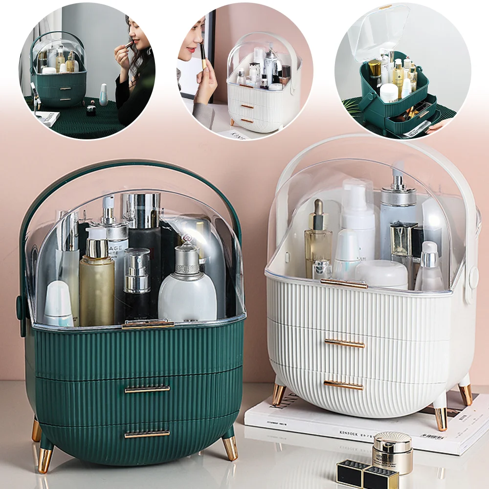 منظم مكياج سطح المكتب، صندوق تخزين مستحضرات التجميل الشفاف، مقاوم للغبار، حاوية مكياج ذات سعة كبيرة، منظم مجوهرات