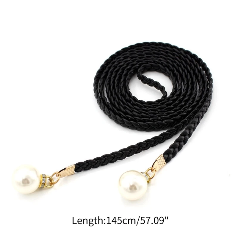 Vintage Bohemian Knot Thin Belt Women Elegant Pearl Elastic Braided Waistband Female Summer Seaside Dress Decorative Waist Rope