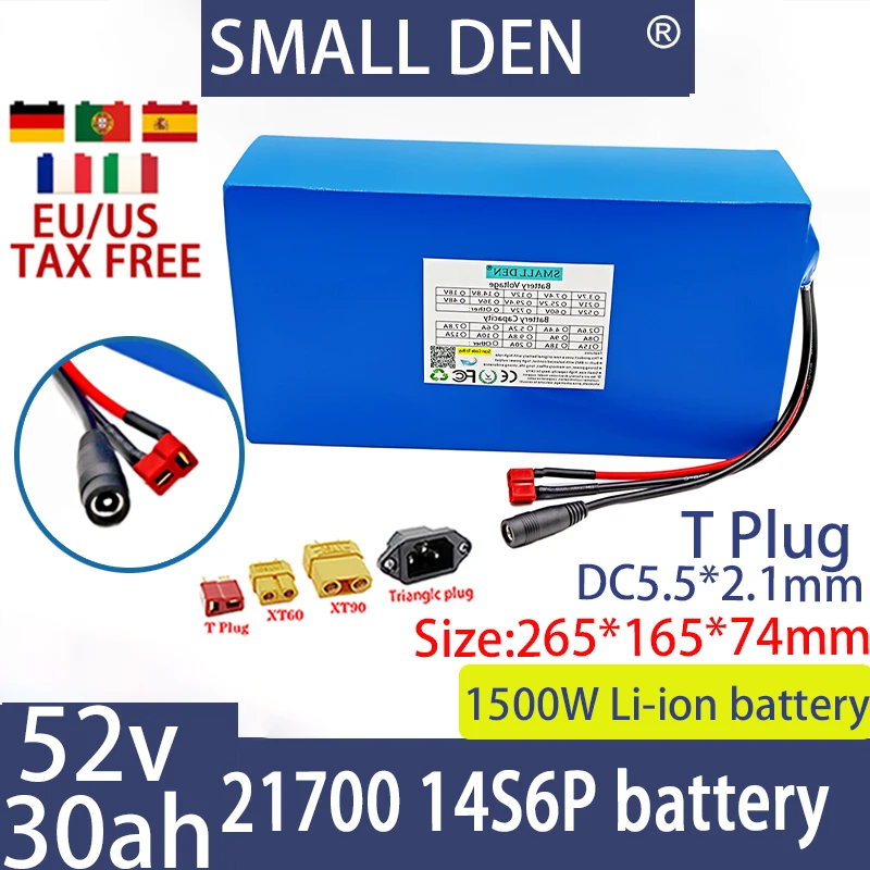 New 52V 30ah lithium-ion battery pack 21700 14S6P 1500W built-in BMS scooter bicycle rechargeable cycle battery+2A 3A 5A charger