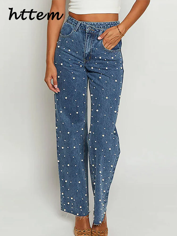 

Elegant Women's Pearls Jeans High Waist Pocket Hip Package Female Denim Pants 2025 Spring Summer Lady Vintage Straight Trousers