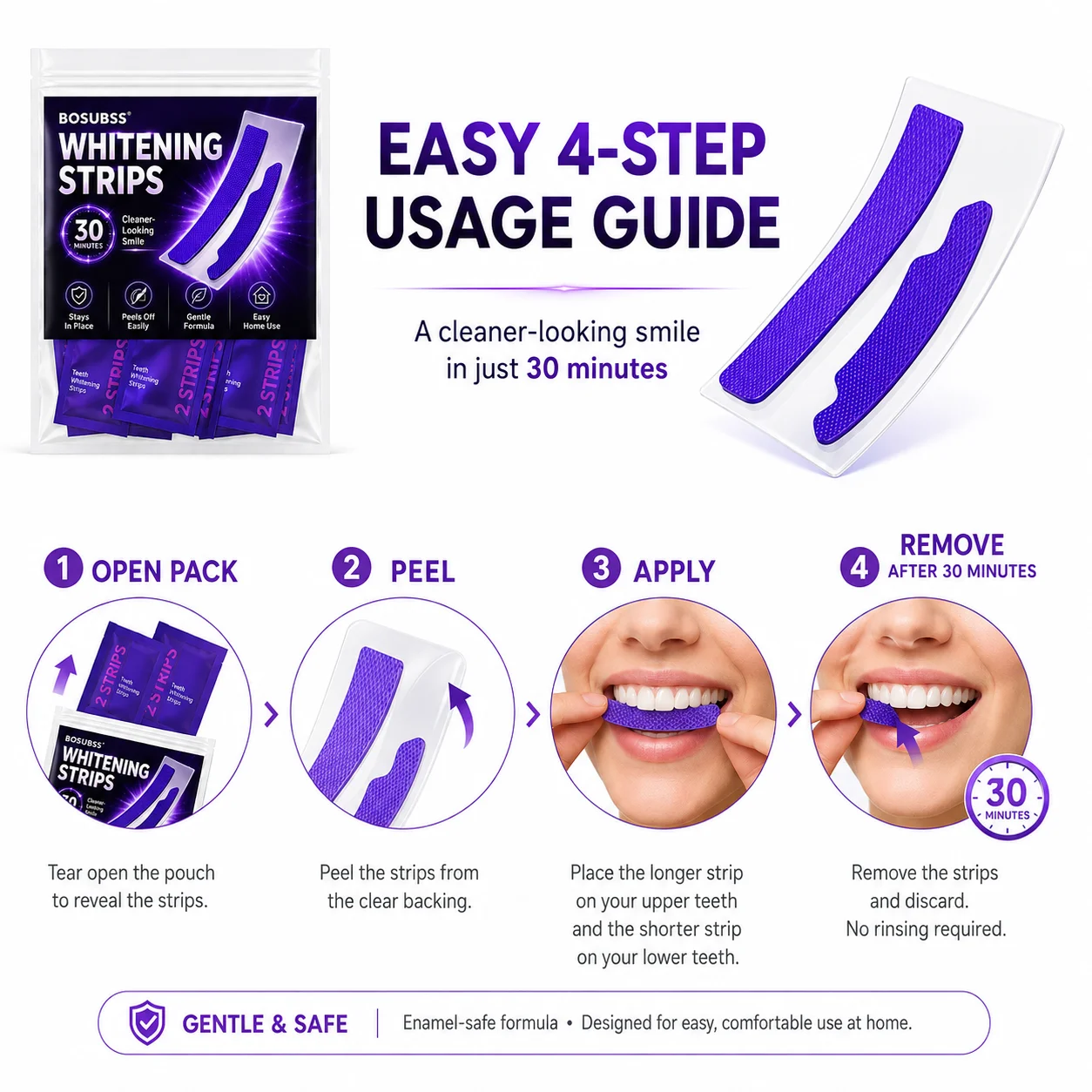 7 Pairs/14PCS Purple Oral Care Strips, 30-Minute Use, Easy Peel, Stay-in-Place, Comfortable Fit, Portable Daily Smile Care