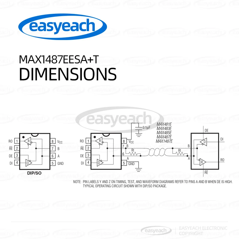 MAX1487EESA+T Package SOIC8 Interface Chip Transceiver Chip Swing Rate Limited, Low Power, RS-485/RS-422 Transceiver
