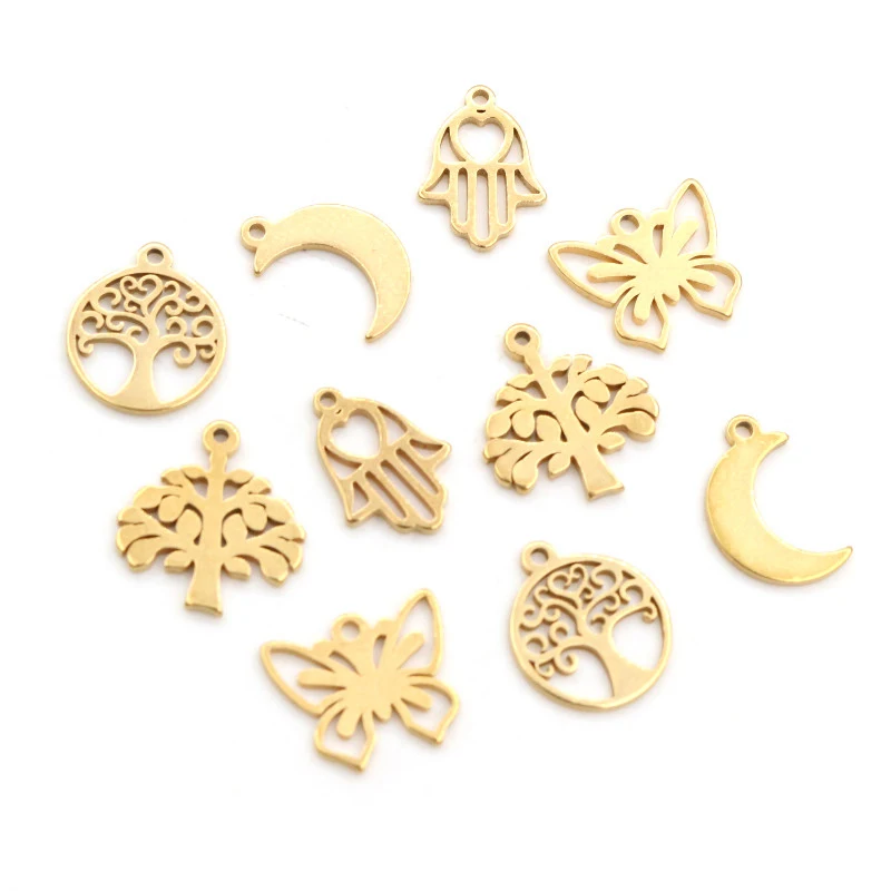 10pcs/lot  316 Stainless Steel Gold Plated Tree Moon Butterfly Small Charms Pendant For Necklace DIY Jewelry Making