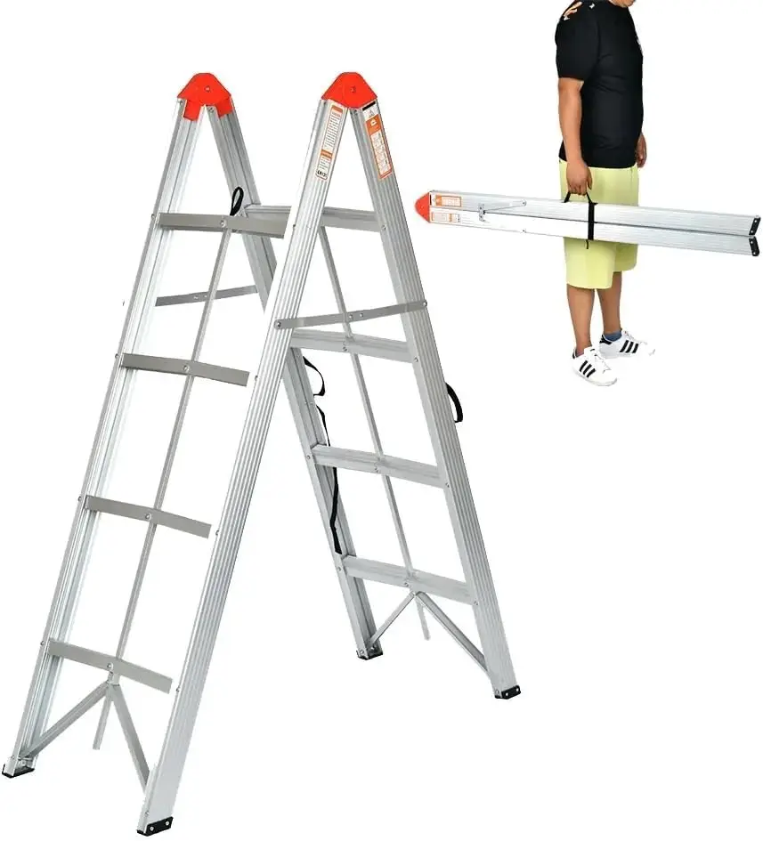 Aluminum 4-Step Folding Ladder | Twin Front, Collapsible A-Frame Design with Wide Anti-Slip Pedals | Compact, Portable Step Stoo