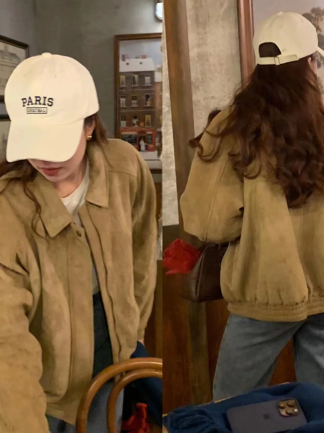 Retro Brown Leather Jaet Women's Loose Fit Faionable Motorcycle Coat Autumn Winter Warm Zipper Closure  Color