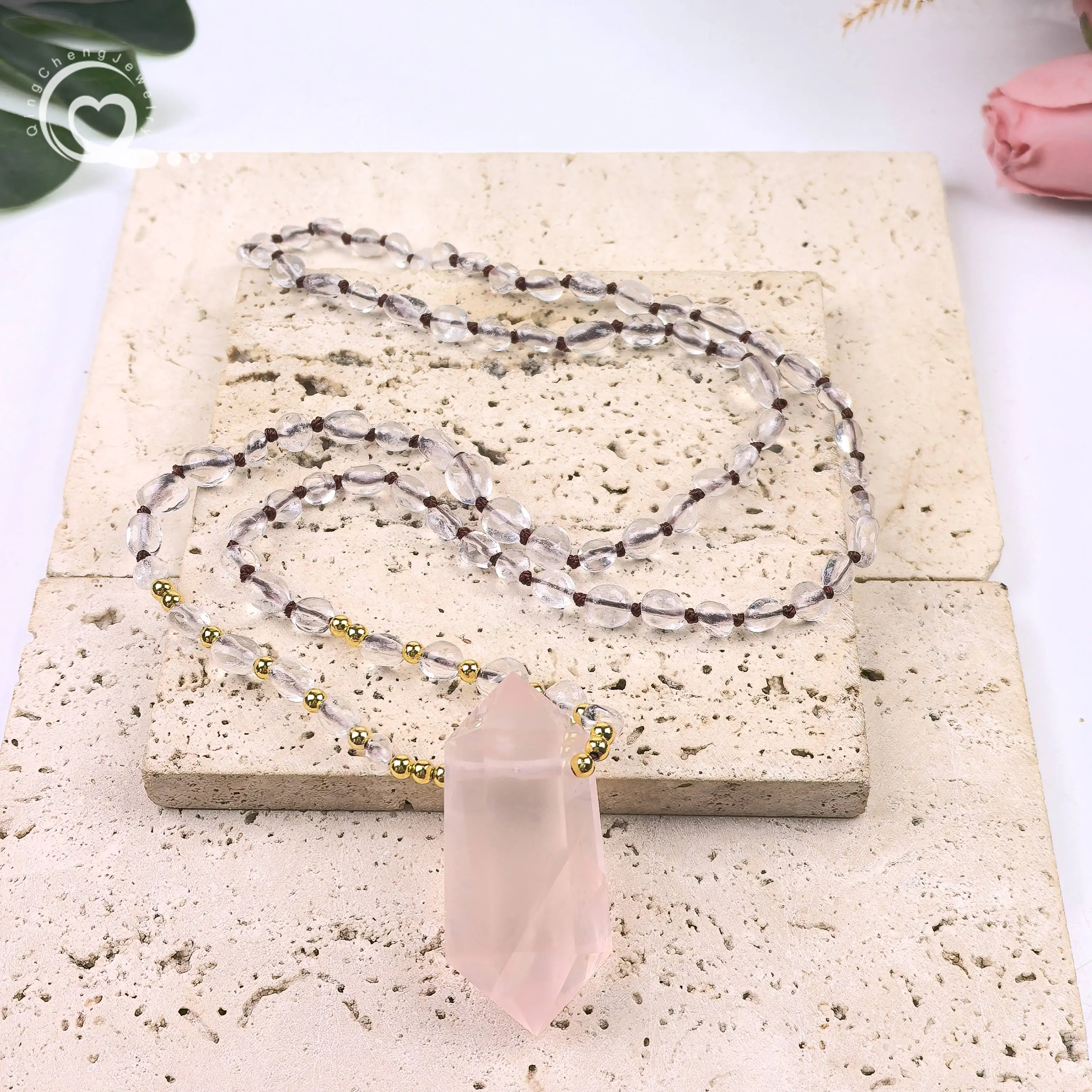 شقرا كريستال الكتلة الخرز اليوغا مالا الصلاة القلائد روز كوارتز نقطة مزدوجة قلادة معقود اليدوية النساء المجوهرات ، QC0211 #3