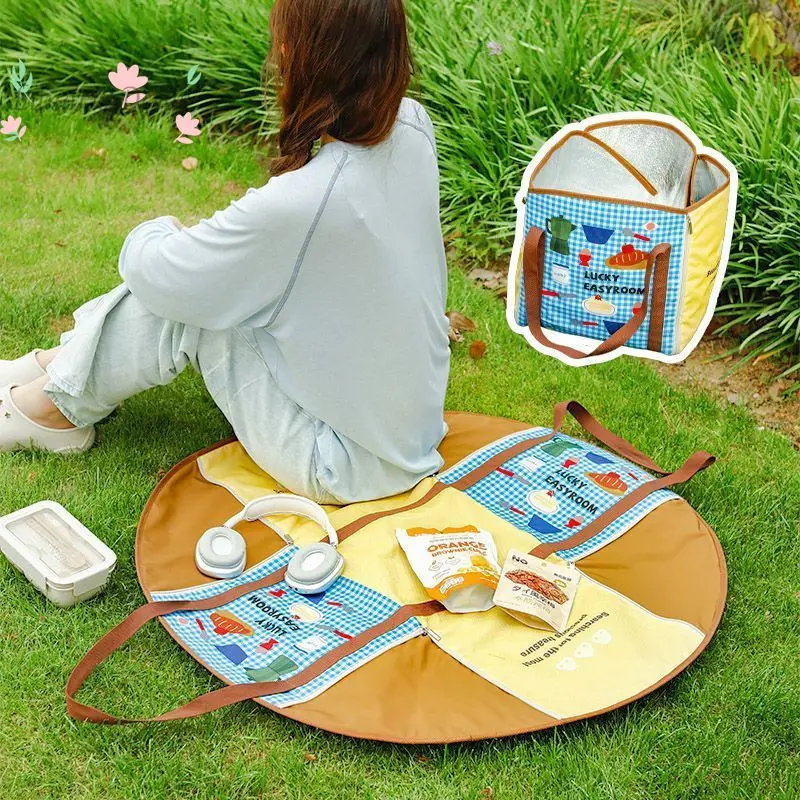 Dopamine cute cartoon picnic mat outdoor foldable portable carrying dual-purpose multi-function large-capacity shoulder bag