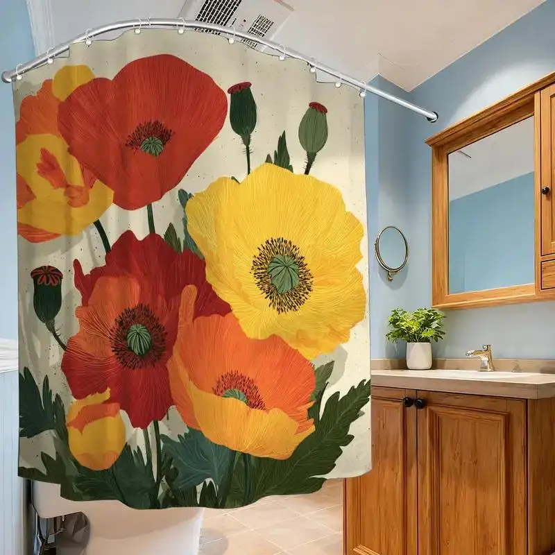 Vintage Poppy Flower Shower Curtain – Illustrated Red & Yellow Poppies, Green Leaves, 12 Hooks,  Waterproof Bath Decor
