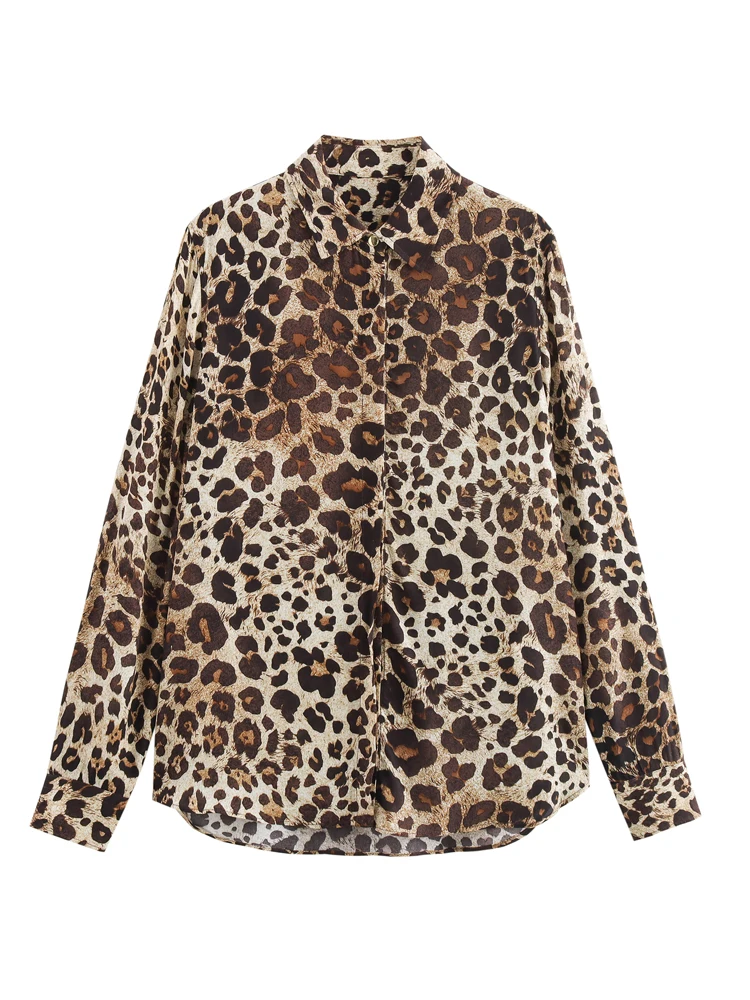 KAOPU ZA Women leopard print side slit shirt vintage lapel-neck button-up female blouses blusas chic tops