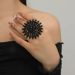 Luxury Black Red Crystal Flower Rings for Women Exaggerated Big Stylish Midi Finger Ring Anillos Wedding Party Jewelry Gift