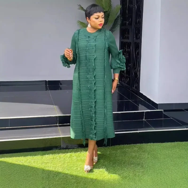 

2025 Autumn Pleated Net Color Hand-cranked Flower Dress Laser Beaded Dense Edge African Loose Long-sleeved Dresses Women