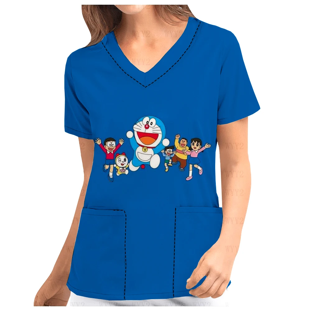 

Spring and Autumn Men's Children's Hospital Dental Children's Activity Center Work Clothes V-Neck Print Scrub Top Doraemon Print
