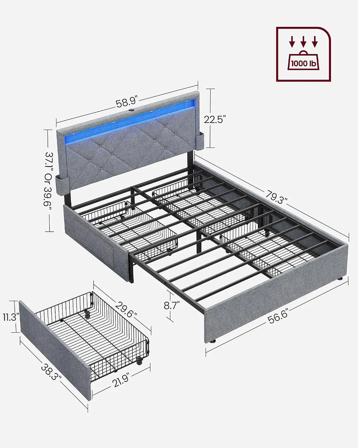 Full Bed Frame LED Headboard 4 Drawers USB Type C Ports Adjustable Upholstered 37.1/39.6 Inches No Box Spring Light Gray, Custom