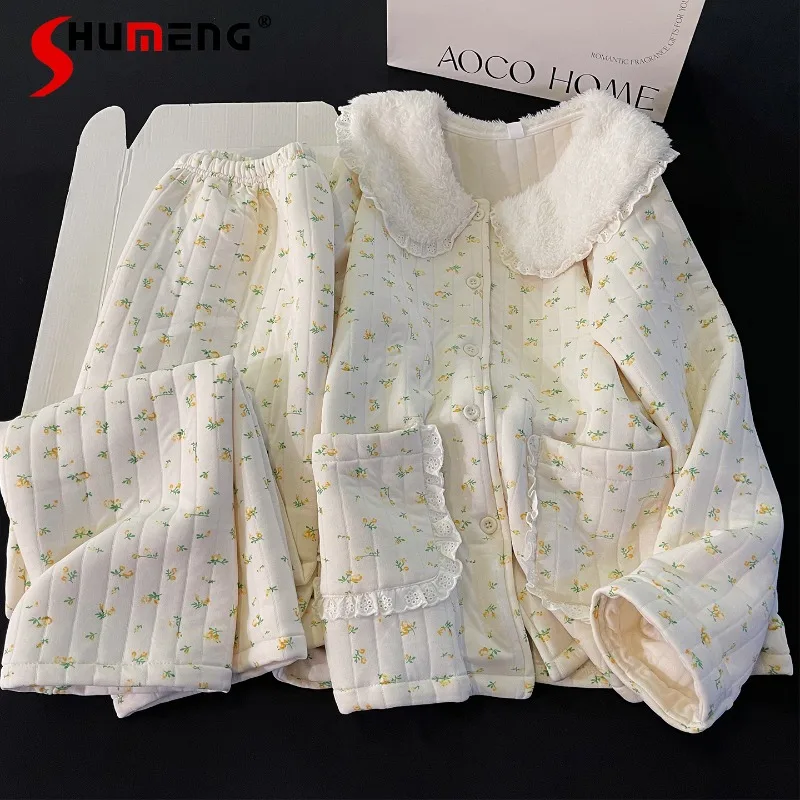 

Autumn Winter Floral Pajamas for Women New Thickened Warm Air Cotton Loungewear Female Layered Pure Cotton Homewear Set