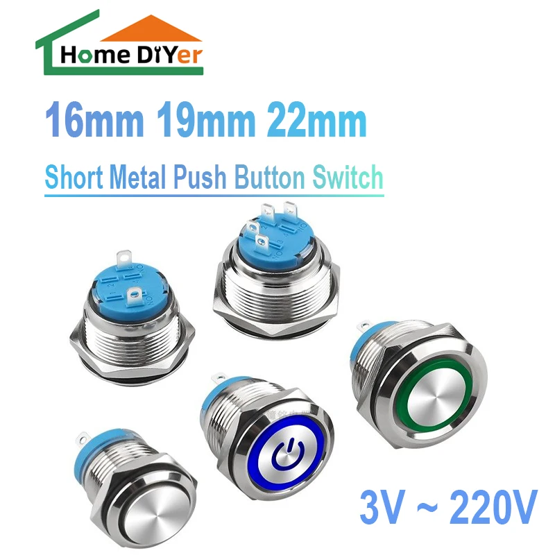 

16mm, 19mm, 22mm Metal Push Button Switches With Led Indicator, 3V~220V Waterproof Switch Momentary/Locking IP65