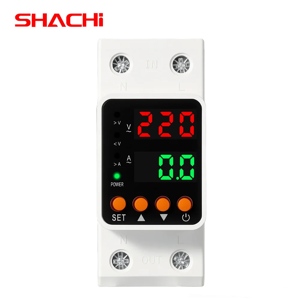 SHACHI Din Rail Adjustable Over Voltage Under Voltage Protection Device 40A 63A AC 220V Digital Display Voltage Protector