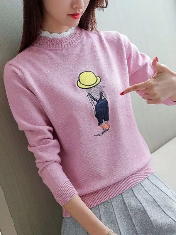 

Cute Cartoon Knitted Sweater Long Sve round Ne Pullover Women's Faionable Autumn Winter New Sle Agel Base Layer S...