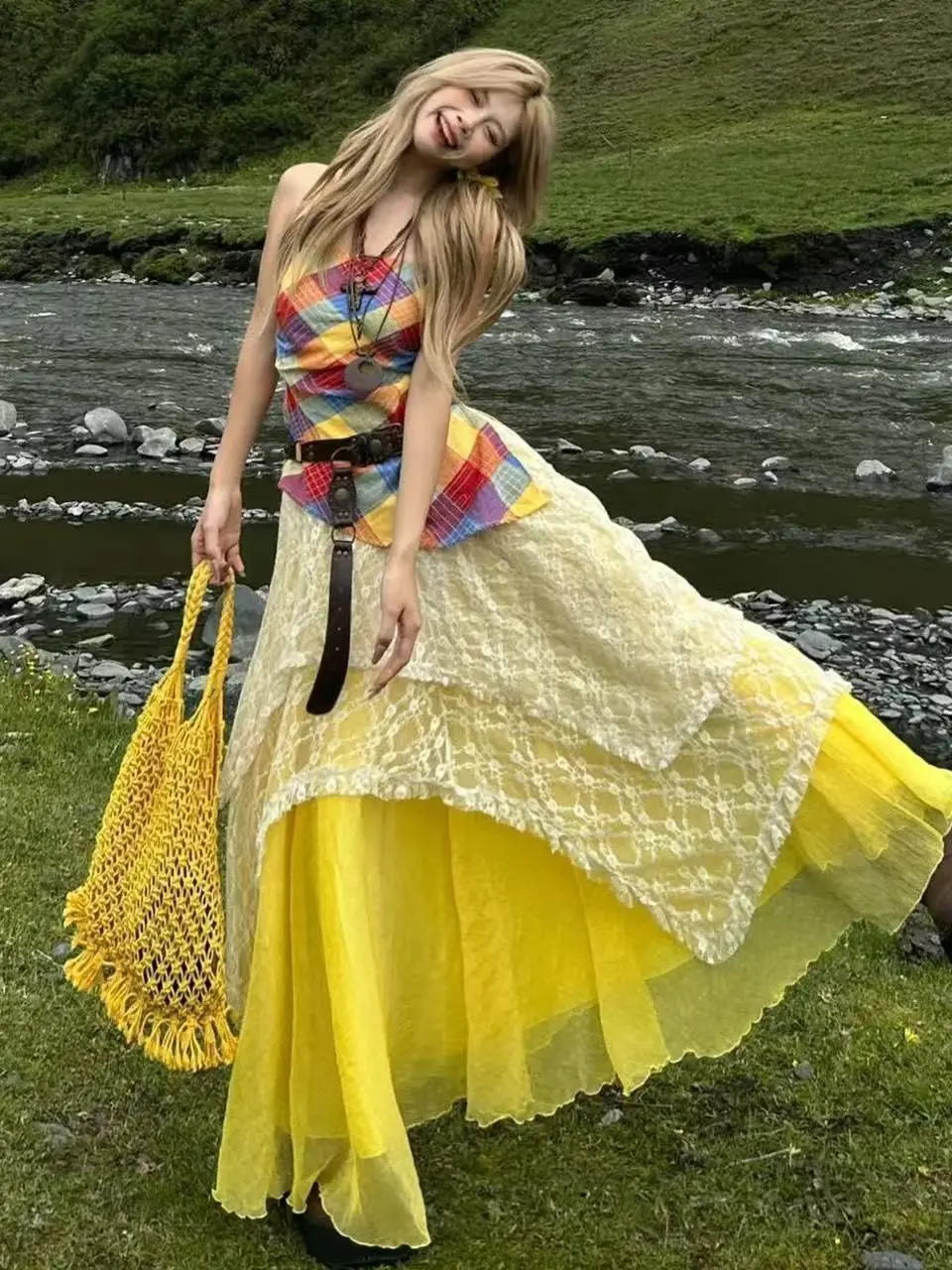 

Summer Travel Women's Dress Strapless Long Dress Two-Piece Set High Waist Lace Detail Regular Sleeveless Fashionable Outfit