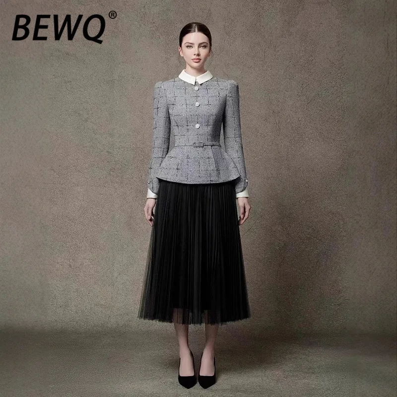 

BEWQ модный женский комплект из 2 предметов, твидовый пояс, однобортное пальто с длинными рукавами, костюм с марлевой юбкой, вечерняя вечеринка, новинка осени 2023 г.