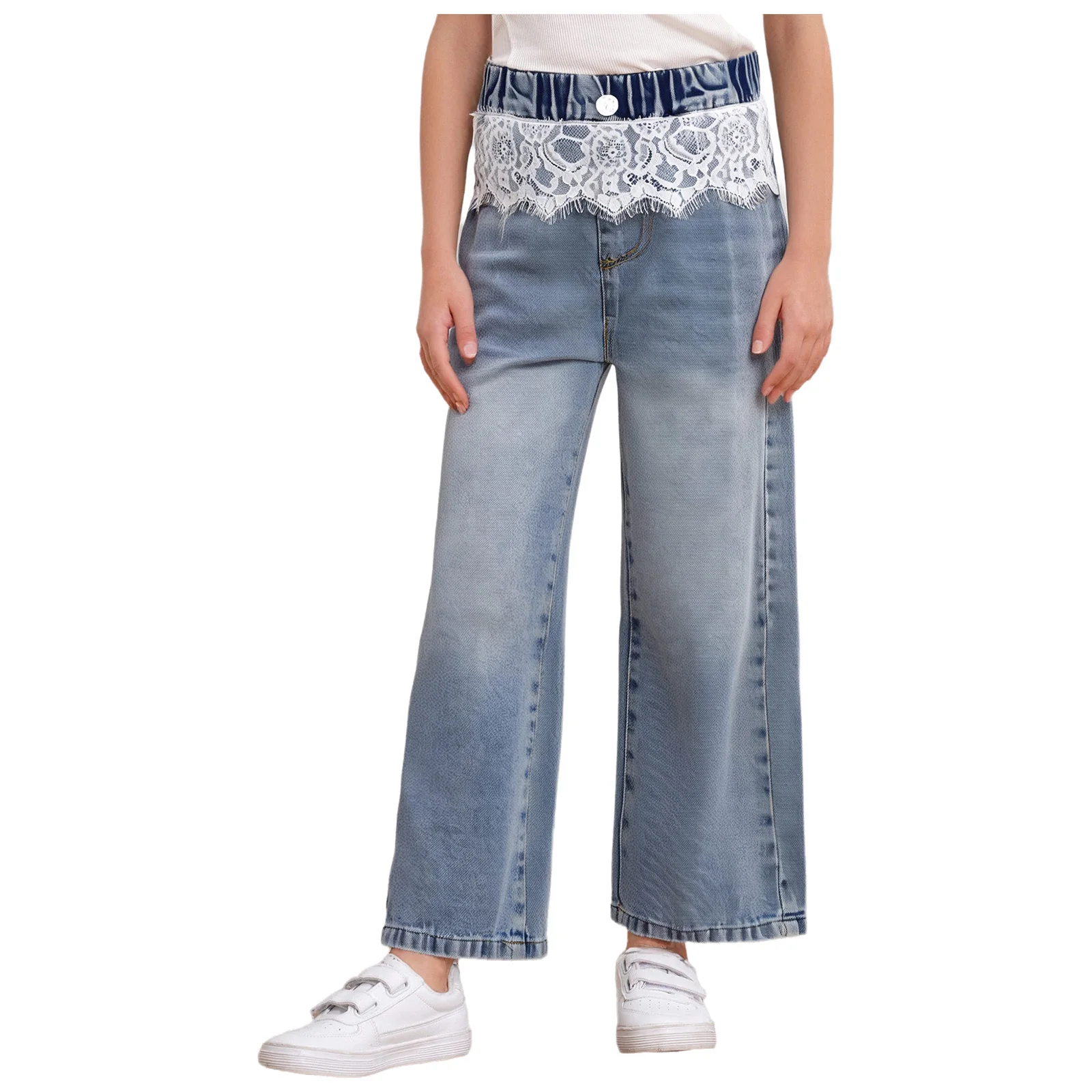 

Kids Girls Lace Trim Wide-Leg Jeans Casual Denim Pants with Pockets for Birthday Party Picnic Park Beach Summer Clothes 6-16Y