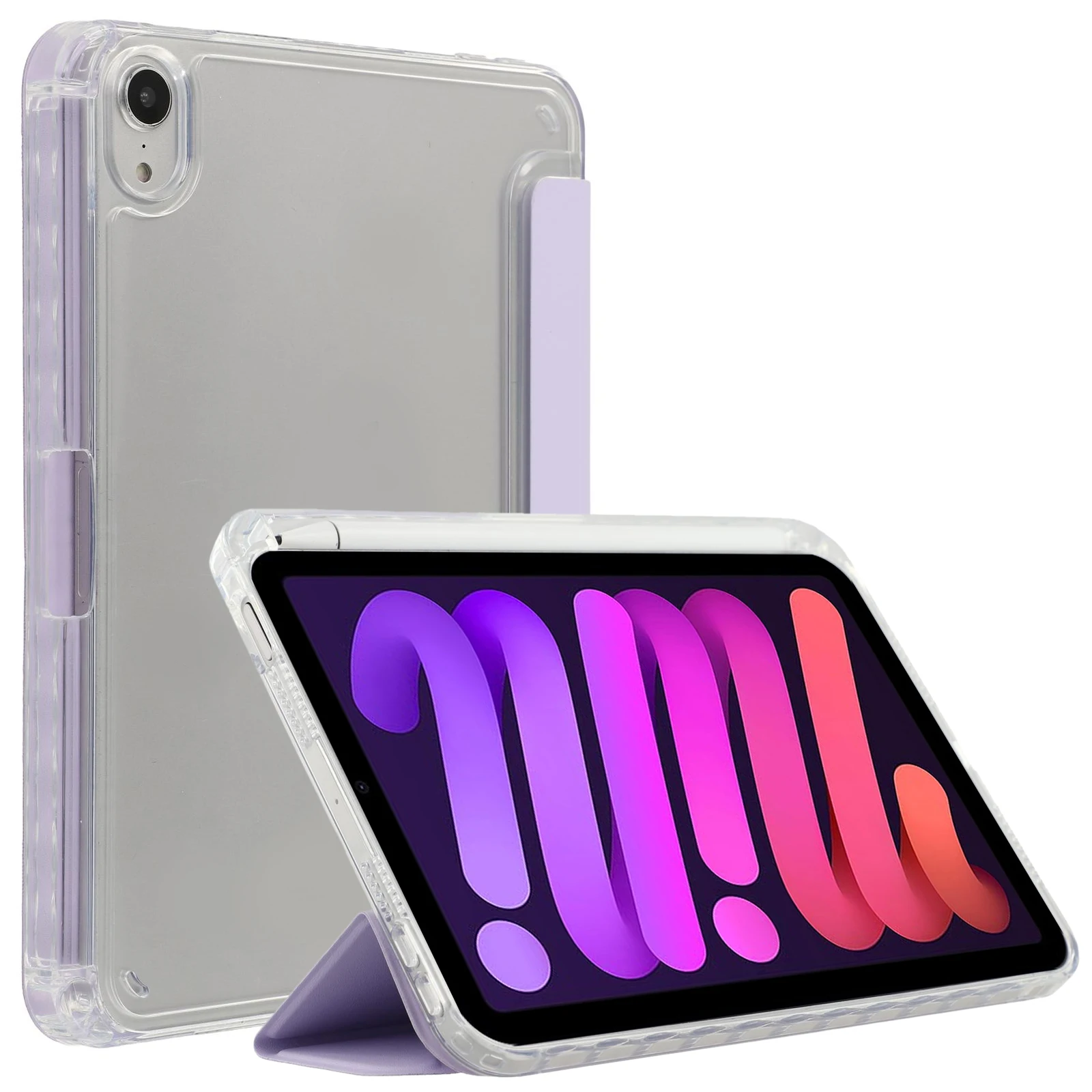 For iPad mini (2024) / (2021) Case Origami Stand PU Leather Clear Back Tablet Cover - Purple