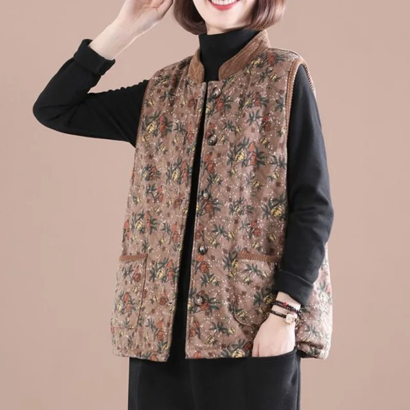 Japanese High Quality Cotton Vest Women Autumn Winter Loose Vintage Print Pocket Waistcoat Tops Warm Vest New Jacket