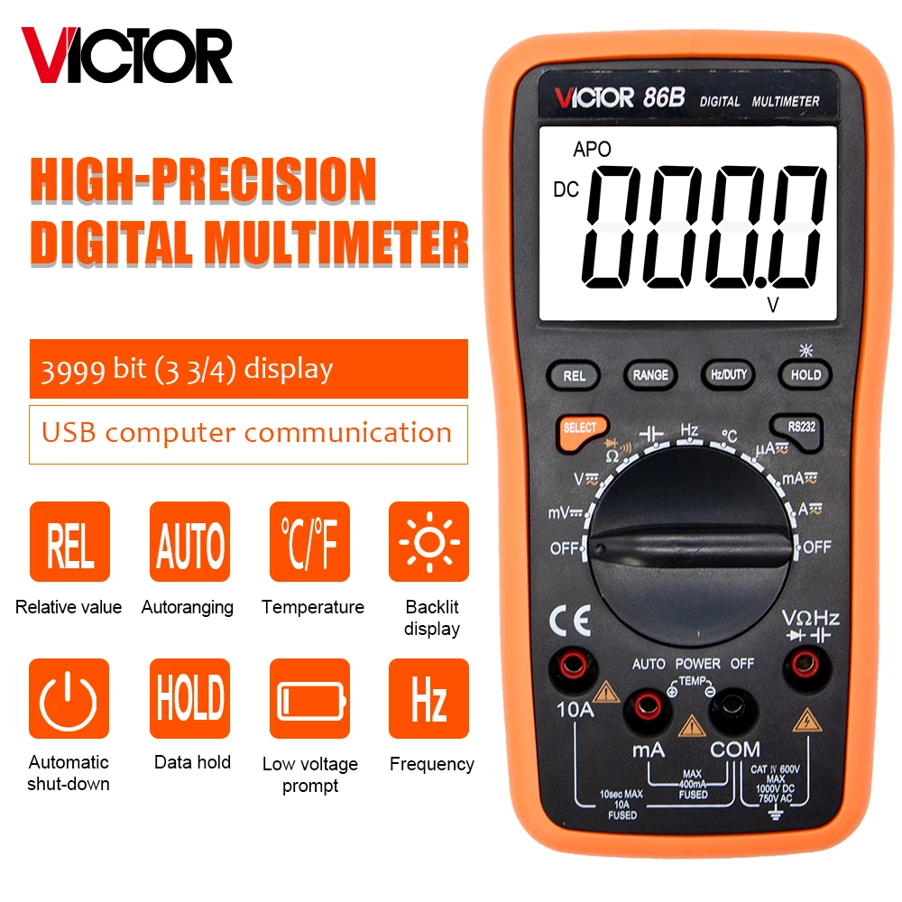 Victor 86b Multímetro Digital Alcance Automático ac dc Temperatura Freqüência Display Lcd Capacitor Tester Usb Conecte Transferência Polymeter