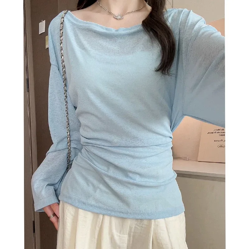 Summer Women's Slim Fit Long Sleeve T-Shirt Shoulder Bared Waist Cinched Sun Protection Fashionable Versatile Pure Color Tee