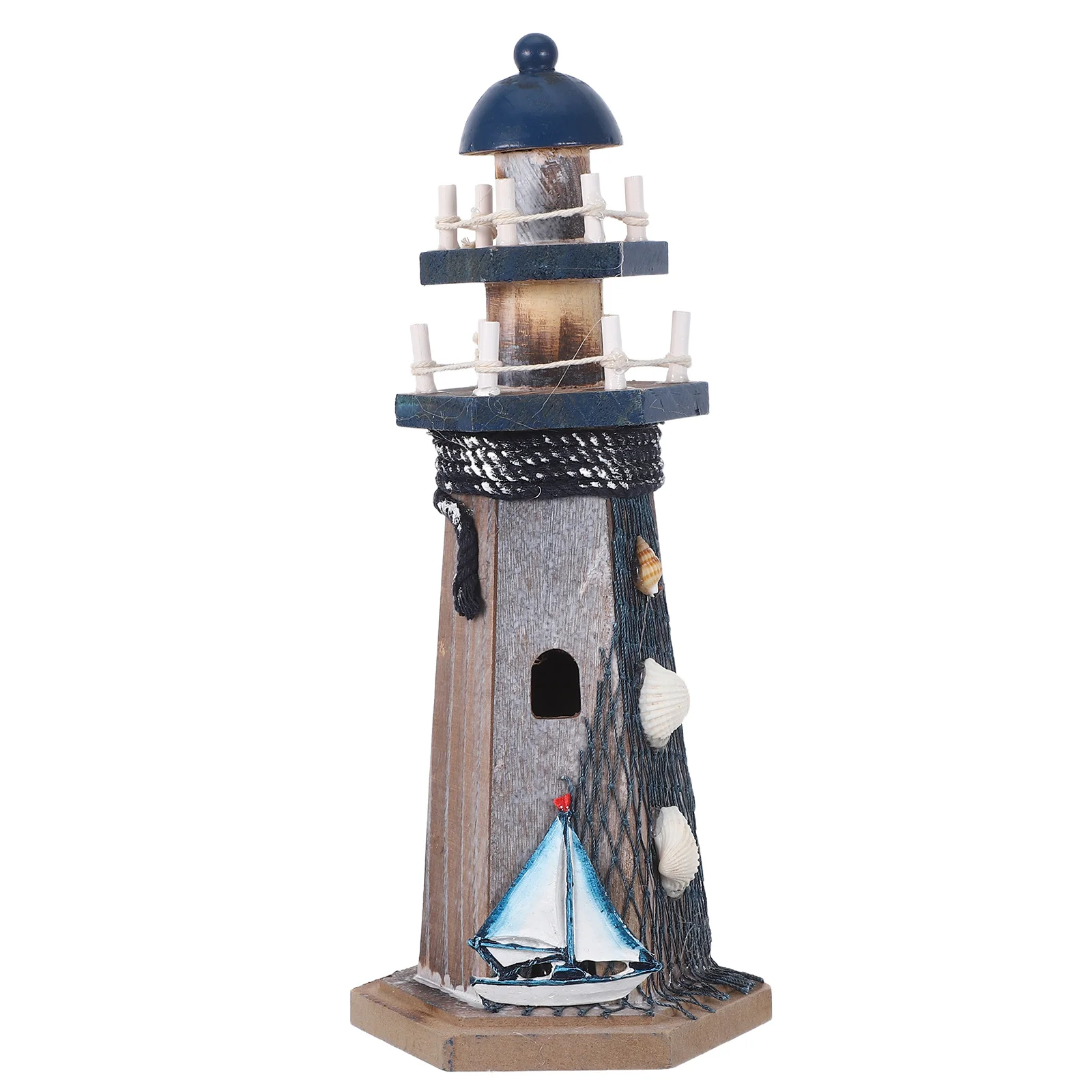

Nautical Lighthouse Decor Wooden Ornament with Shell Accents and Net Mediterranean Style Home Outdoor Decoration